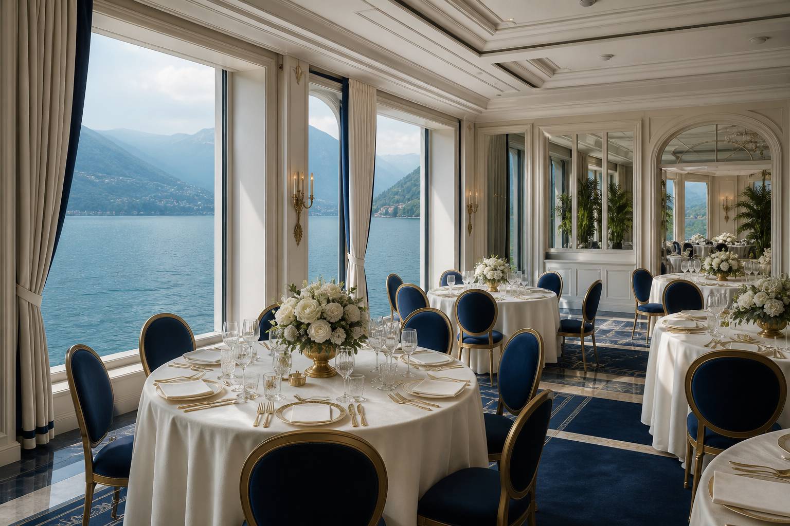 Salle de réception raffinée aux tons ivoire et bleu profond avec vue sur la mer