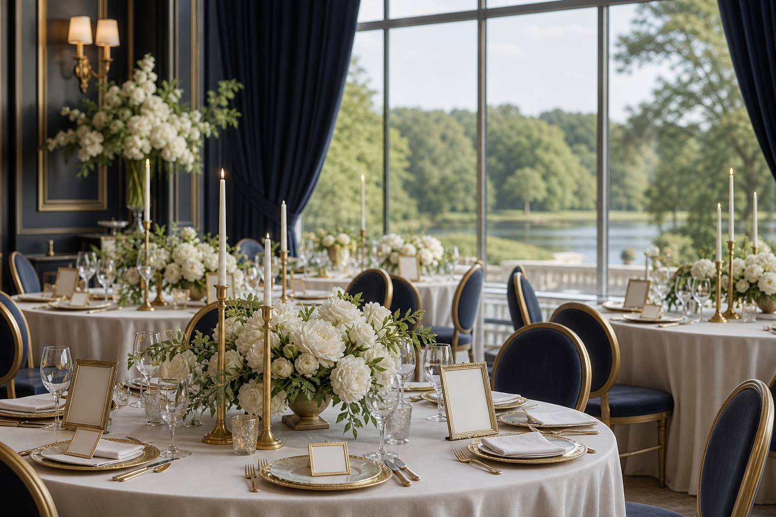 Salle de restaurant habillée pour un événement avec tables rondes et décoration florale