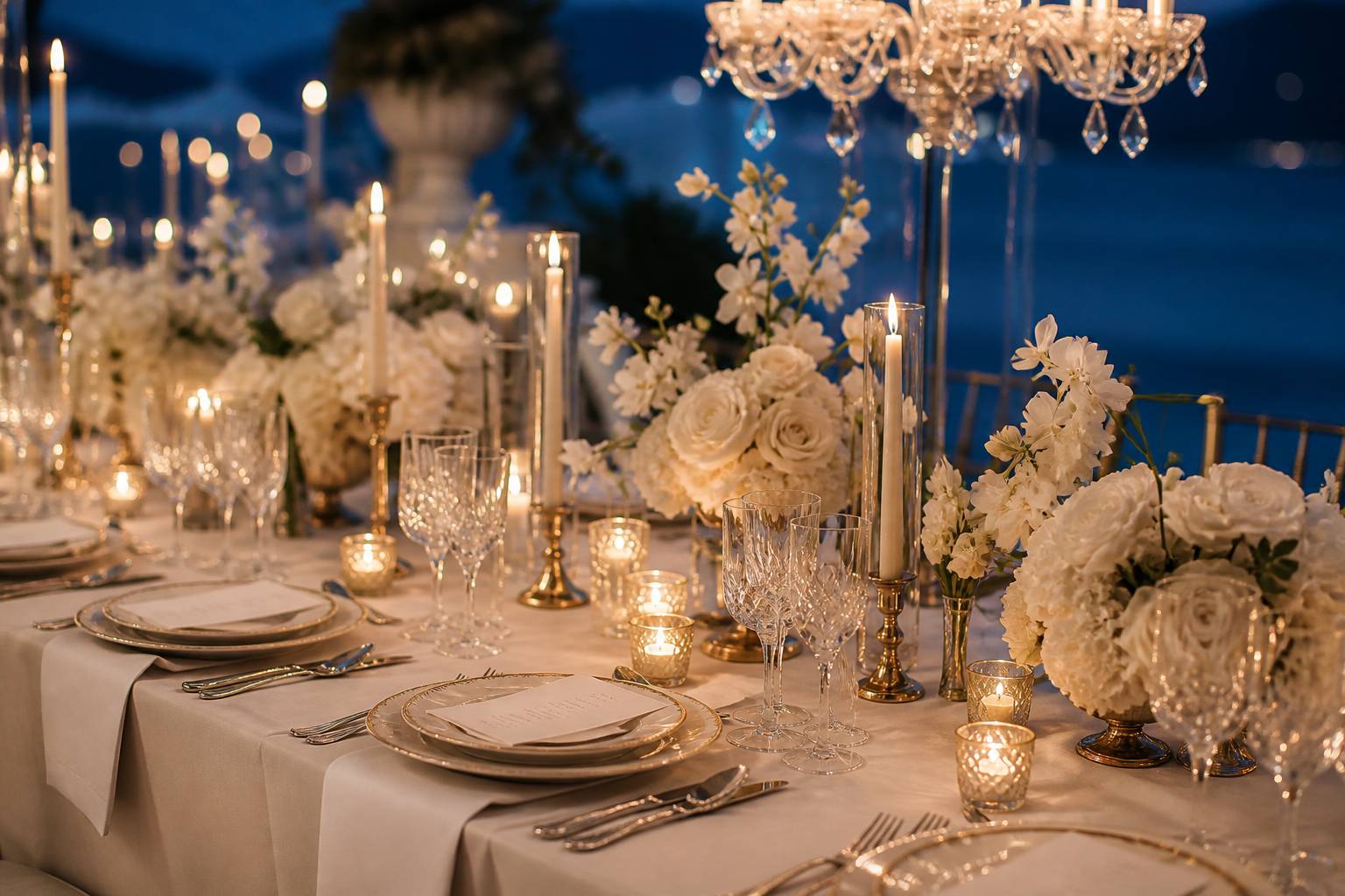 Table de banquet dressée avec fleurs blanches et bougies