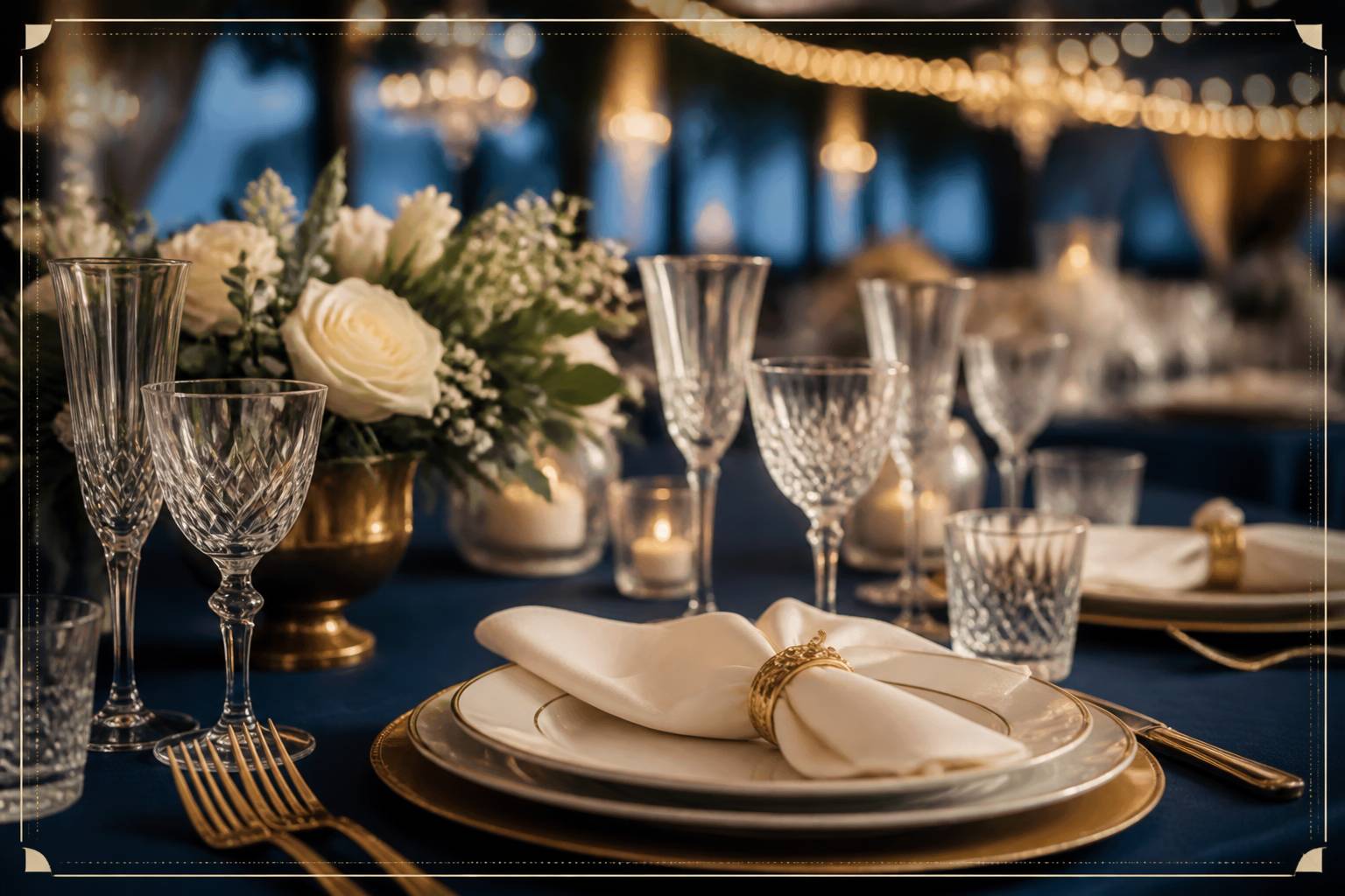 Table de mariage dressée avec couverts dorés et composition florale blanche