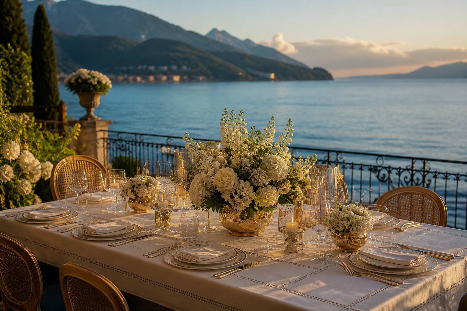 Table de réception de mariage dressée sur une terrasse d'hôtel