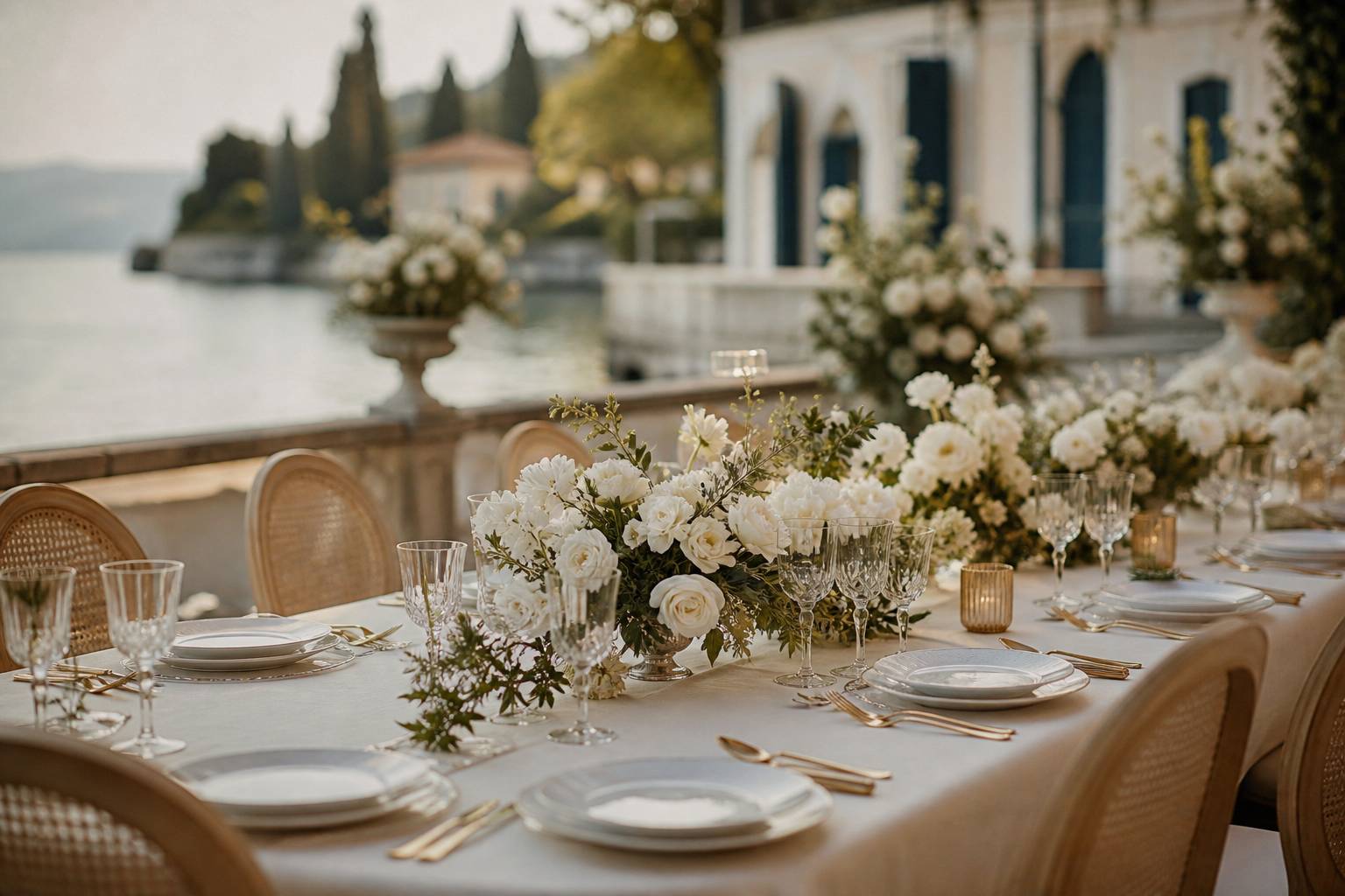 Table de mariage dressée avec nappe ivoire et couverts dorés