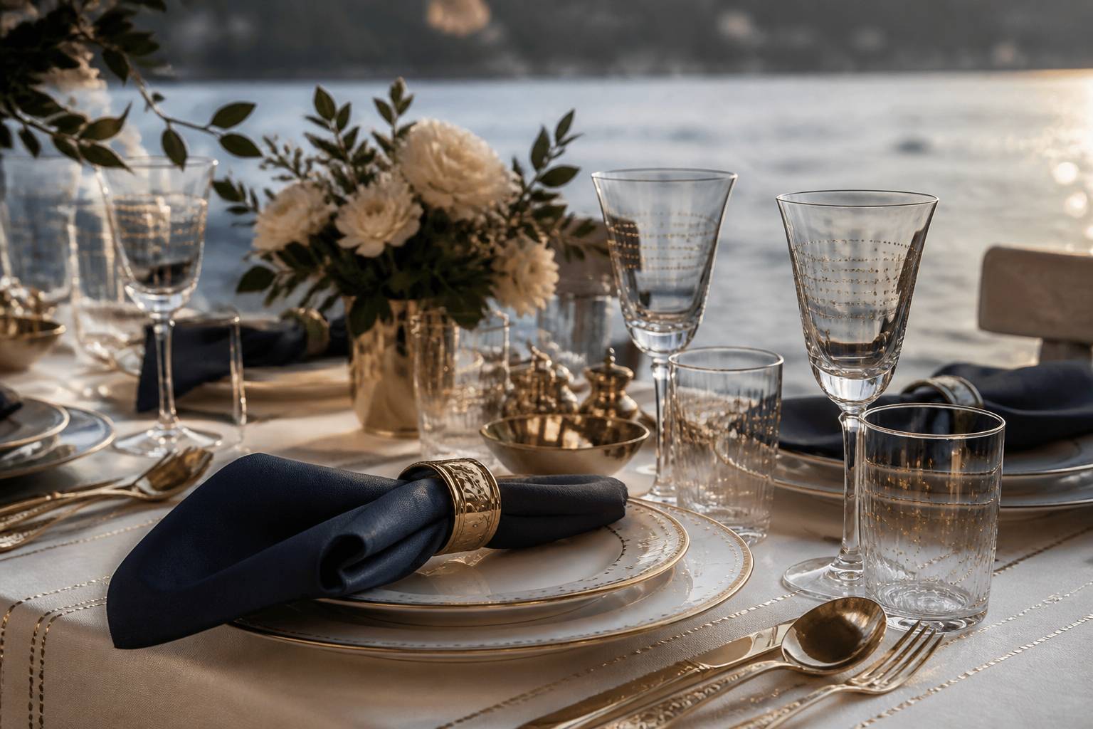 Détail d'une table de réception dressée avec vue mer en arrière-plan