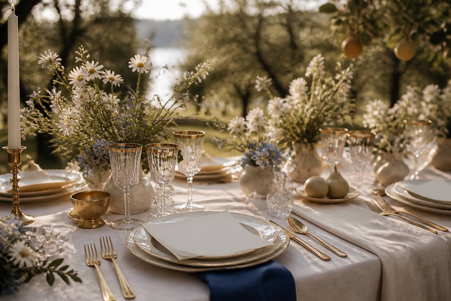 Table de mariage dressée avec couverts dorés et fleurs champêtres