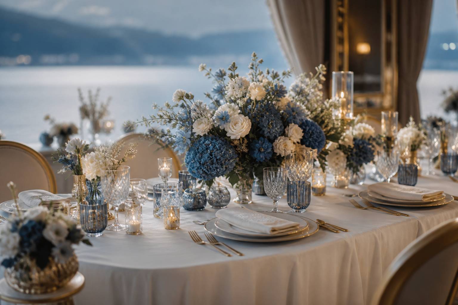 Table de mariage ivoire avec couverts dorés et centre de table fleuri