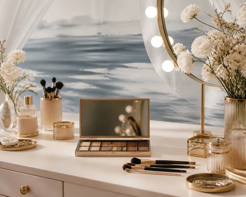 Palette de maquillage nude et pinceaux sur une table de mariage élégante
