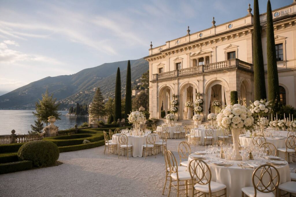 Villa veneta del Seicento con parco allestito per un matrimonio elegante al tramonto
