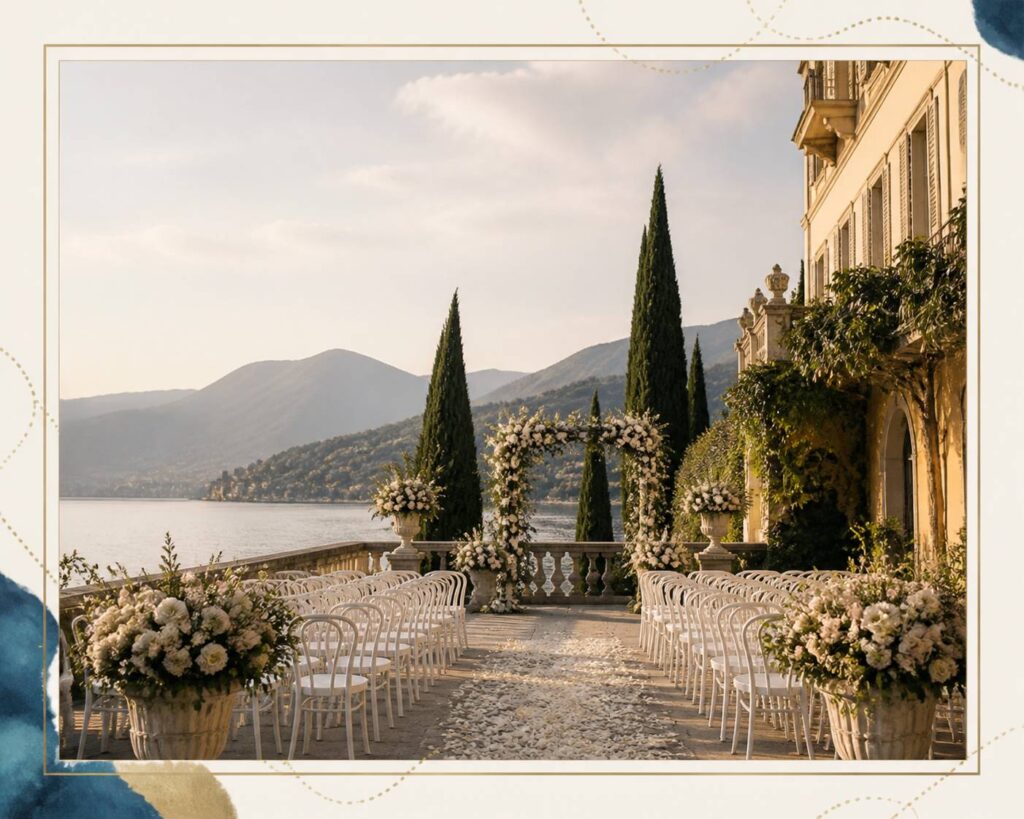Terrasse de villa italienne au bord d'un lac aménagée pour un mariage avec chaises blanches et arche fleurie