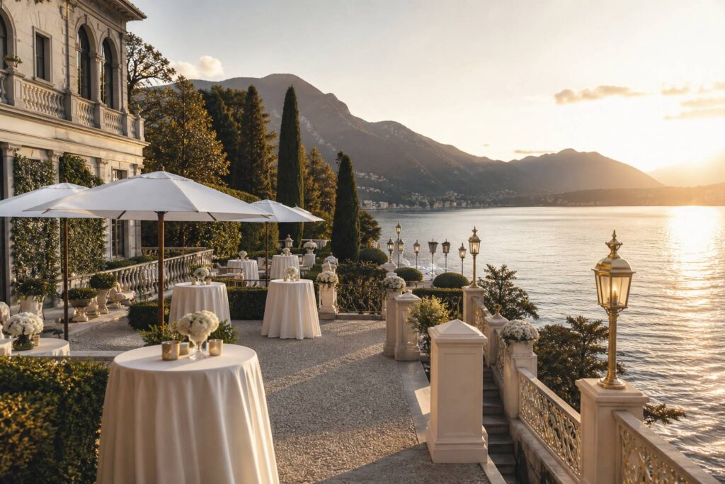 Terrasse de villa italienne dressée pour un cocktail