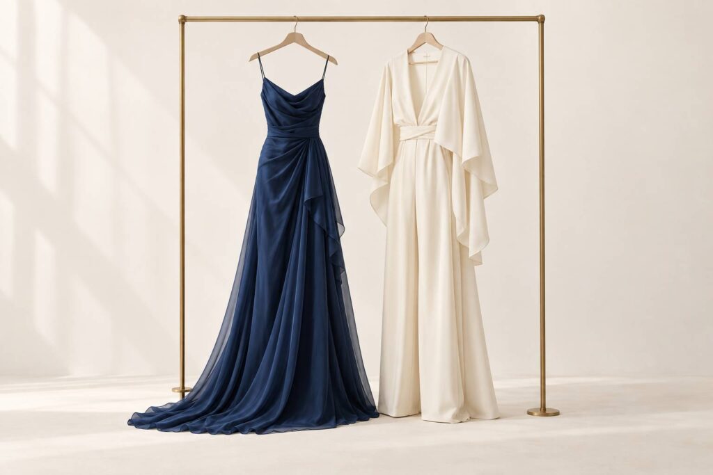 Tenues de ceremonie elegantes suspendues sur un portant en laiton sur fond ivoire