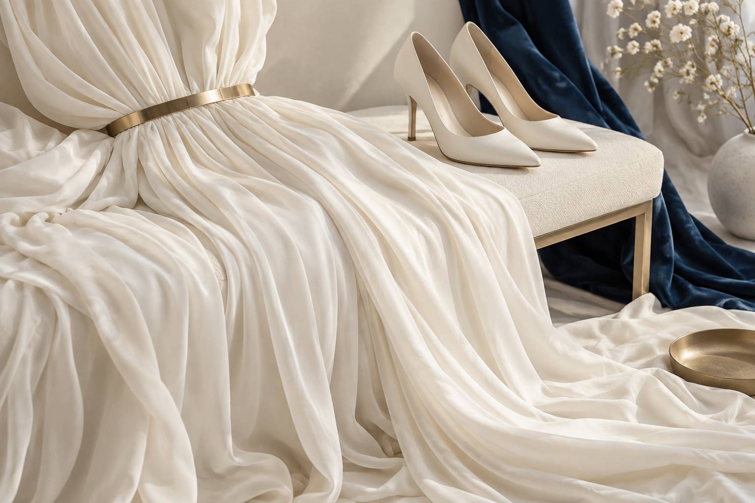 Details d'une tenue de ceremonie ivoire, ceinture doree et escarpins sobres