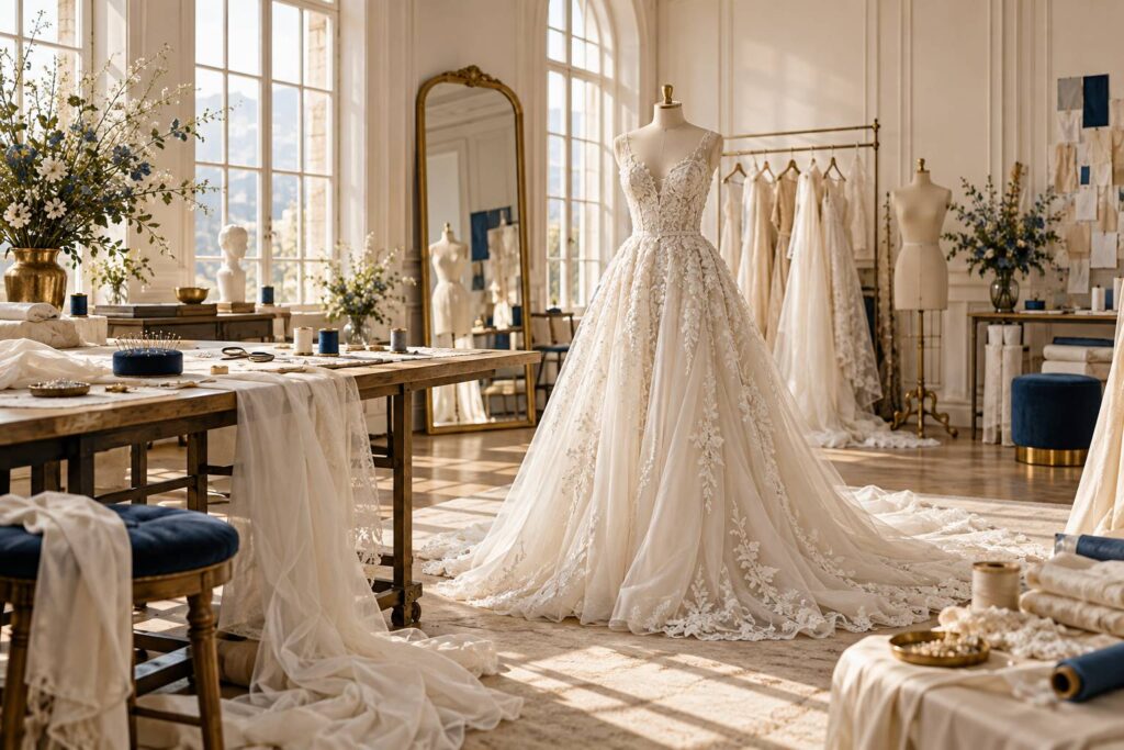 Robe de mariee blanche sur mannequin dans un atelier lumineux