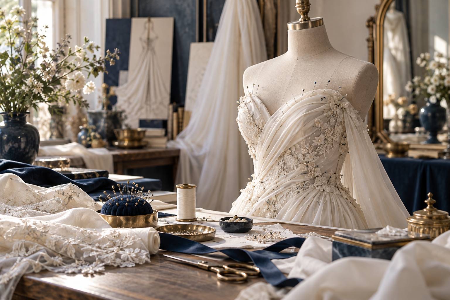 Detail de broderies et d'epingles sur un buste de robe blanche