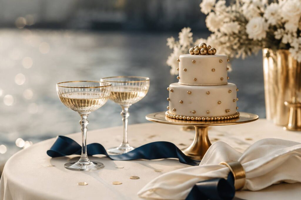Table de fête élégante aux tons ivoire et doré avec coupes fines et ruban bleu profond