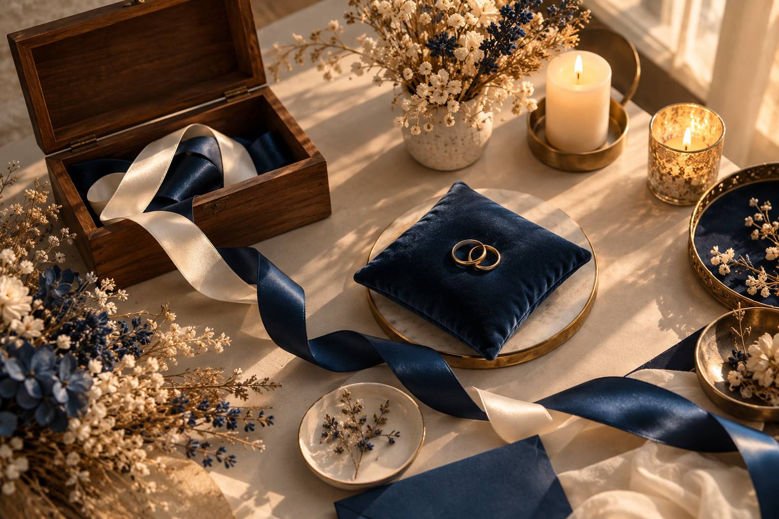 Boite de bois, alliances et decor de fete sur une table claire