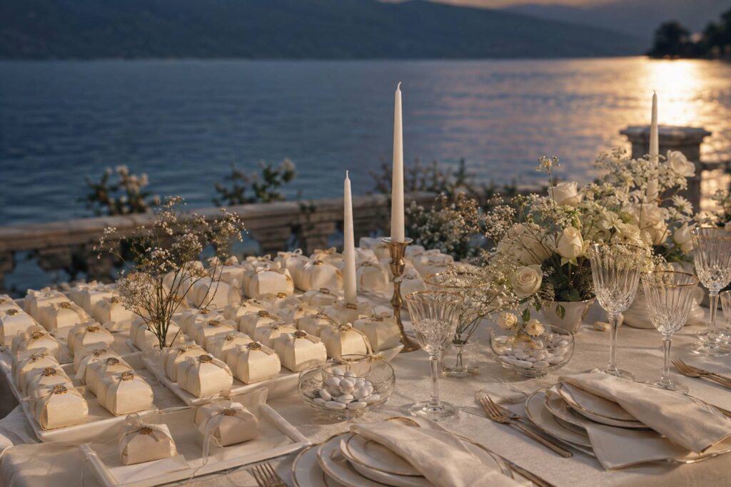 Petites bomboniere de mariage ivoire au ruban doré disposées sur une table élégante en bord de lac