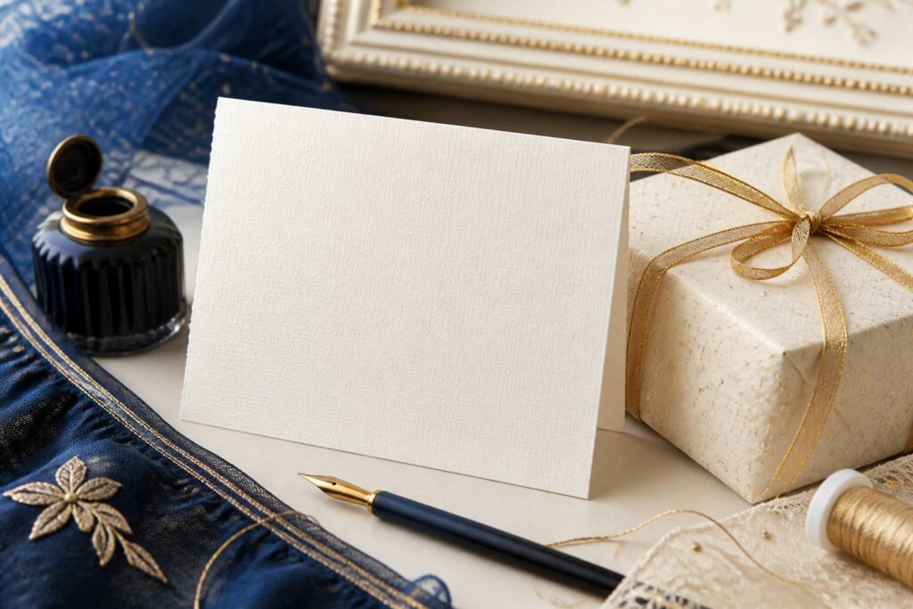 Carte de vœux ivoire vierge avec cadeau emballé noué d'un ruban doré