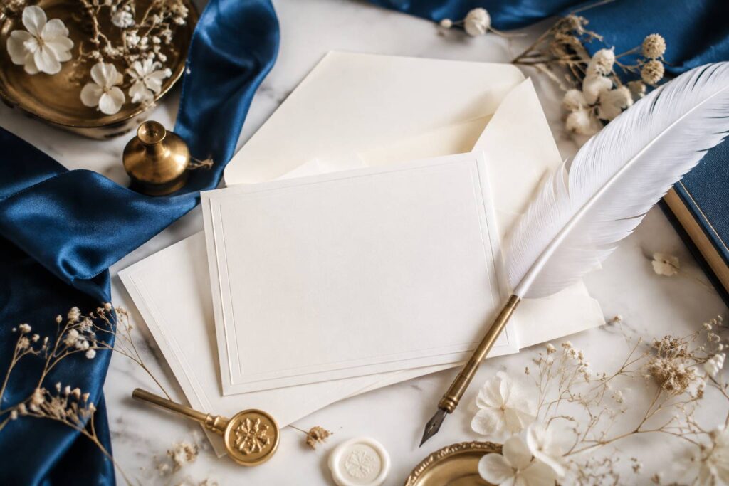 Cartes ivoire vierges et enveloppes sur une table claire