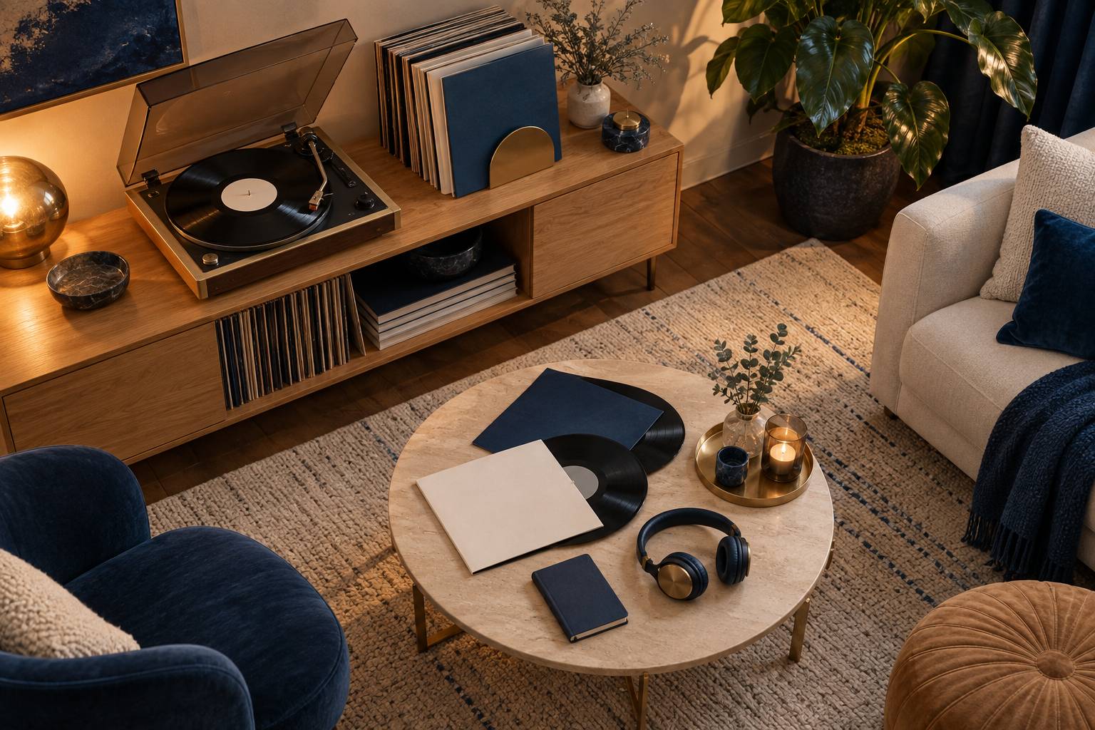 Platine vinyle, disques et casque audio dans un coin musique tamise