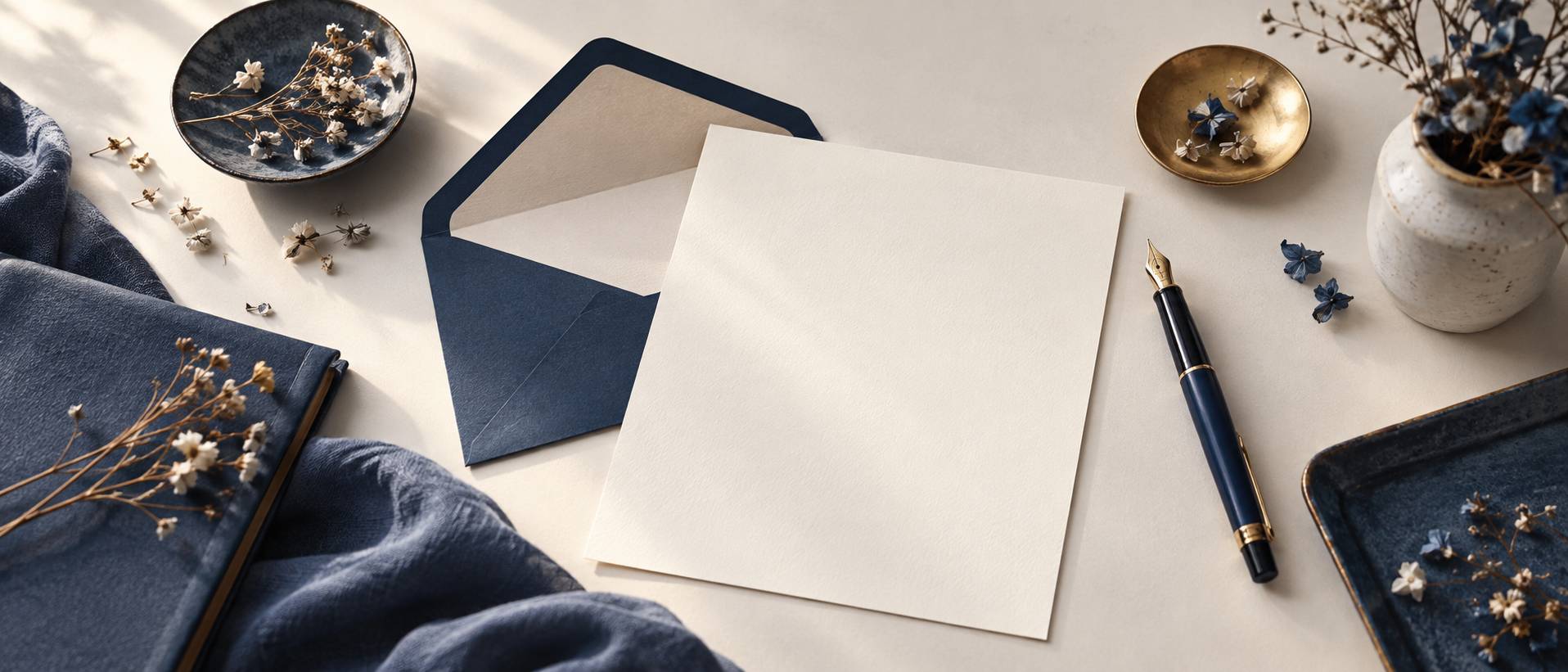 Papier ivoire, enveloppe et stylo plume sur un bureau d'ecriture