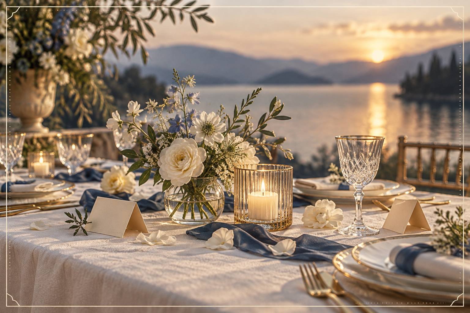 Détail d'un centre de table de mariage avec fleurs et bougie