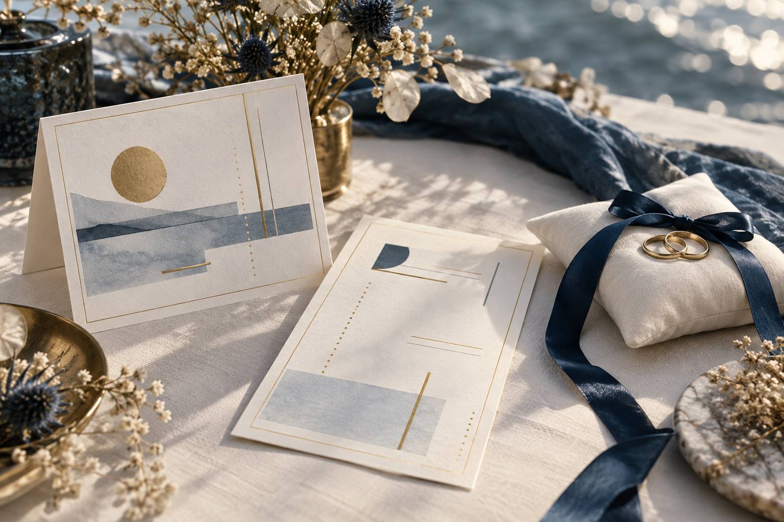 Faire-part et menu de mariage posés sur une nappe ivoire