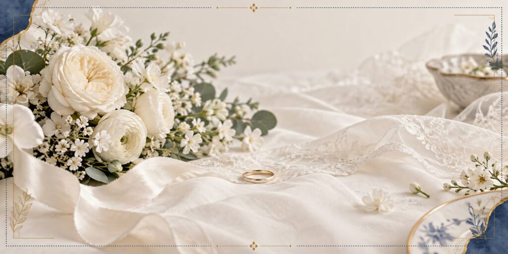 Détail de mariage élégant avec bouquet blanc, alliance dorée et tissu ivoire