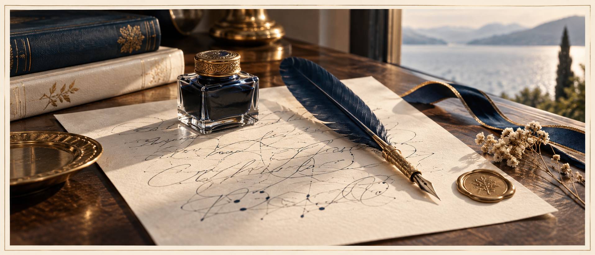 Détail d'une plume, d'un encrier et d'un papier à lettre
