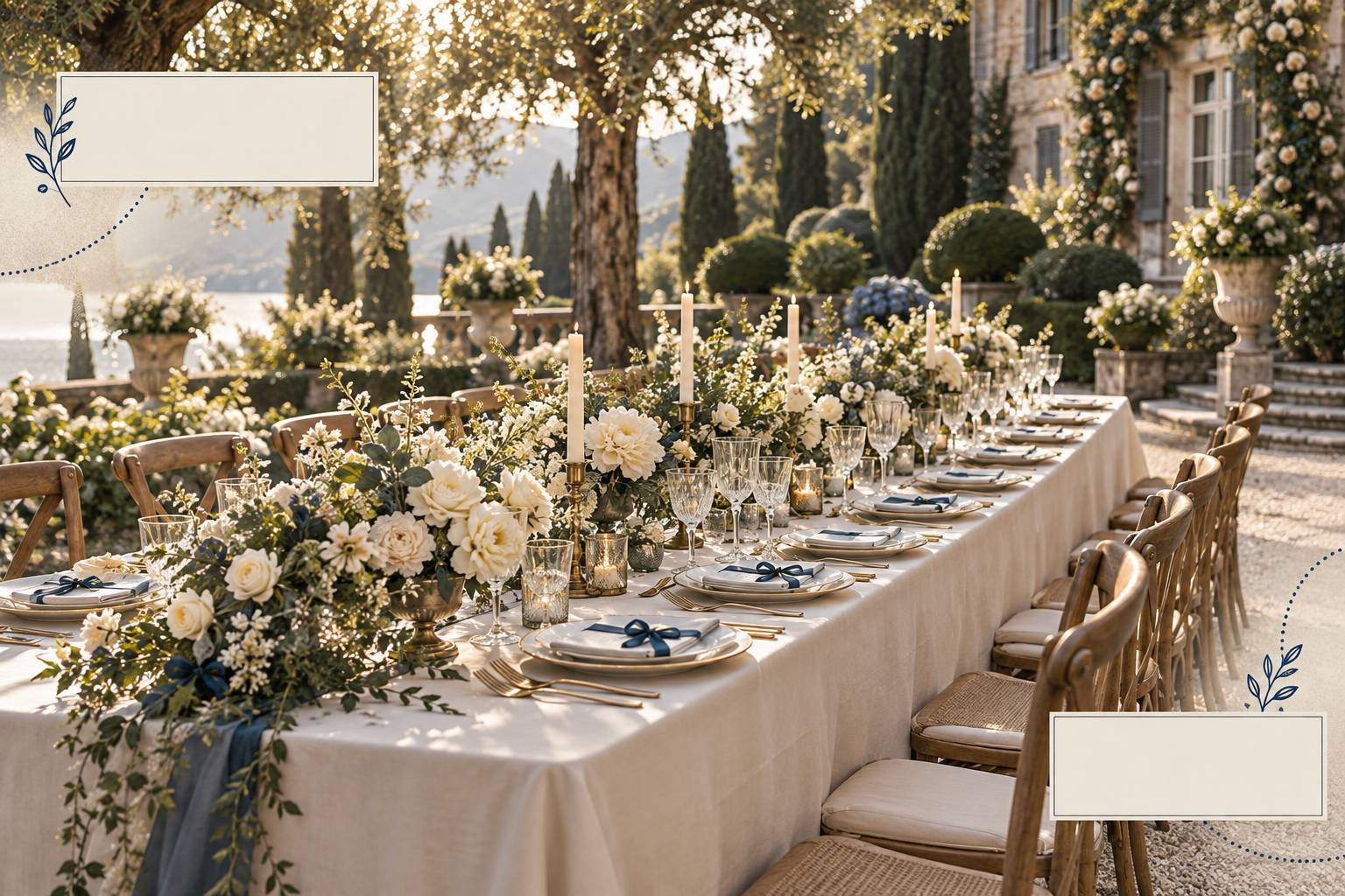 Table de réception dressée dans le jardin d'une villa historique