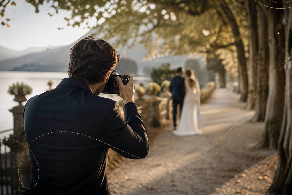 Vue large d'un photographe de mariage en action (vu de dos, non identifiable) appareil reflex en main face à u