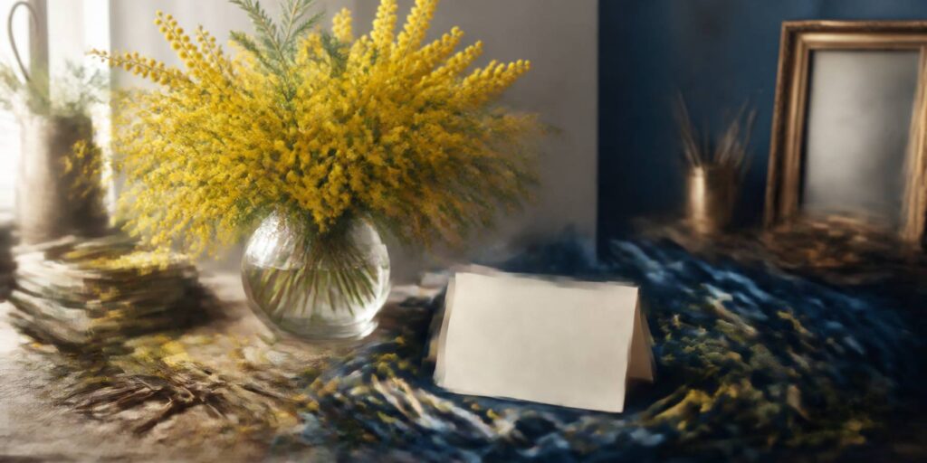 Bouquet de mimosa et carte ivoire sur un drapé de soie bleue avec ruban doré