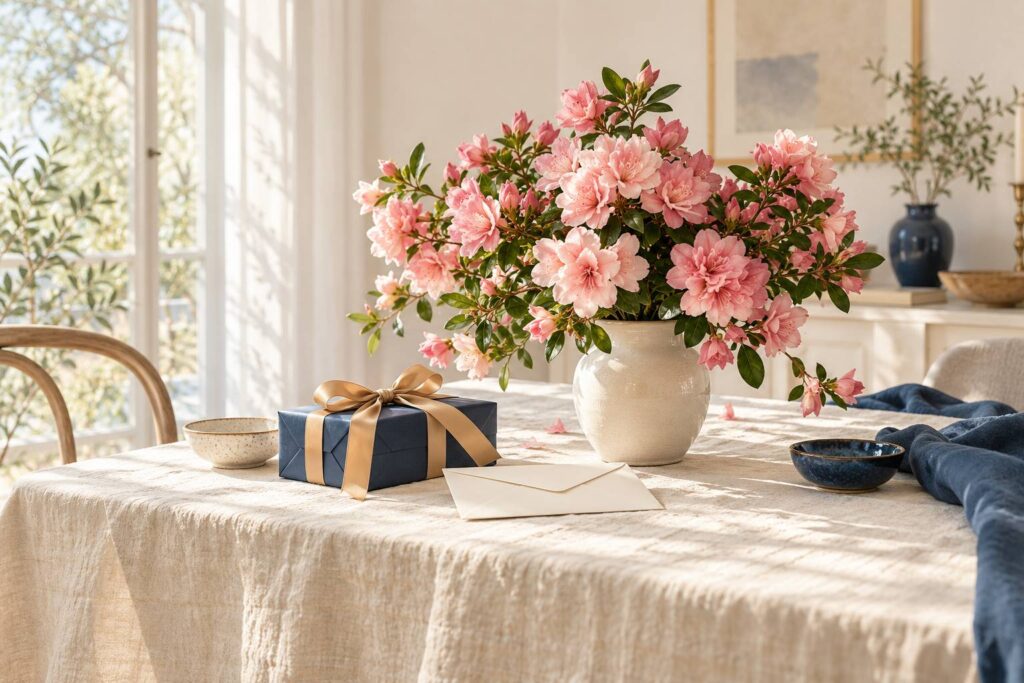 Bouquet d'azalees roses et petit paquet cadeau sur une table ivoire