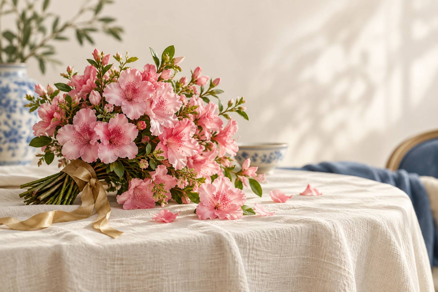 Detail d'un bouquet d'azalees roses sur une nappe de lin claire