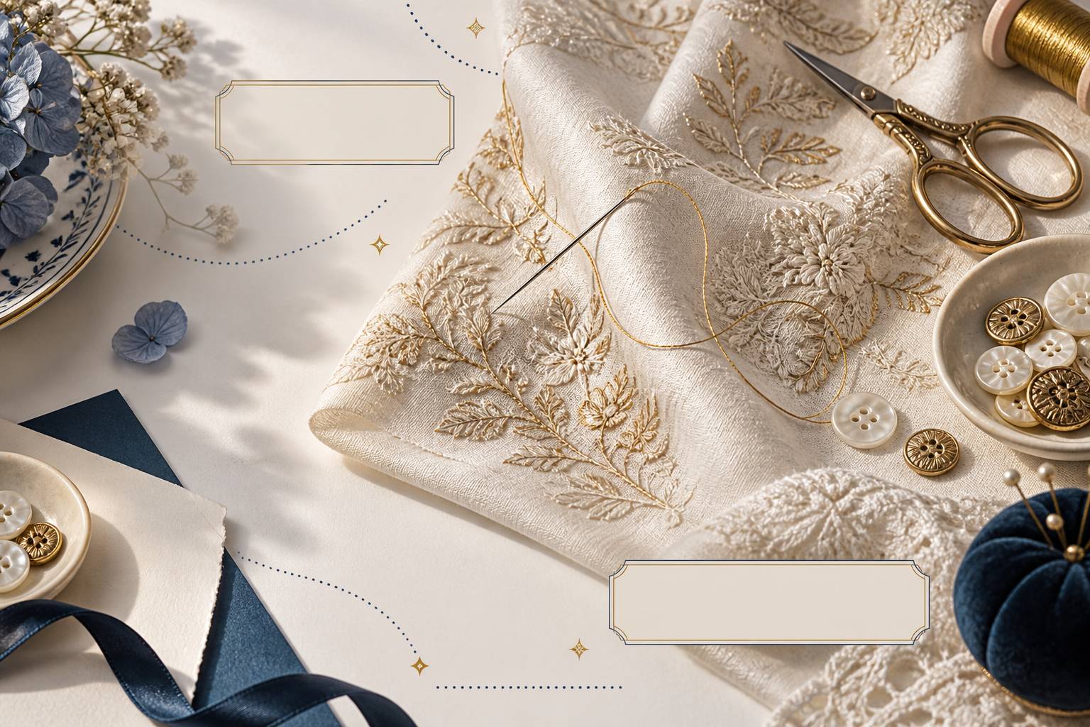 Gros plan couture sur un fil doré, une aiguille et du tissu ivoire brodé