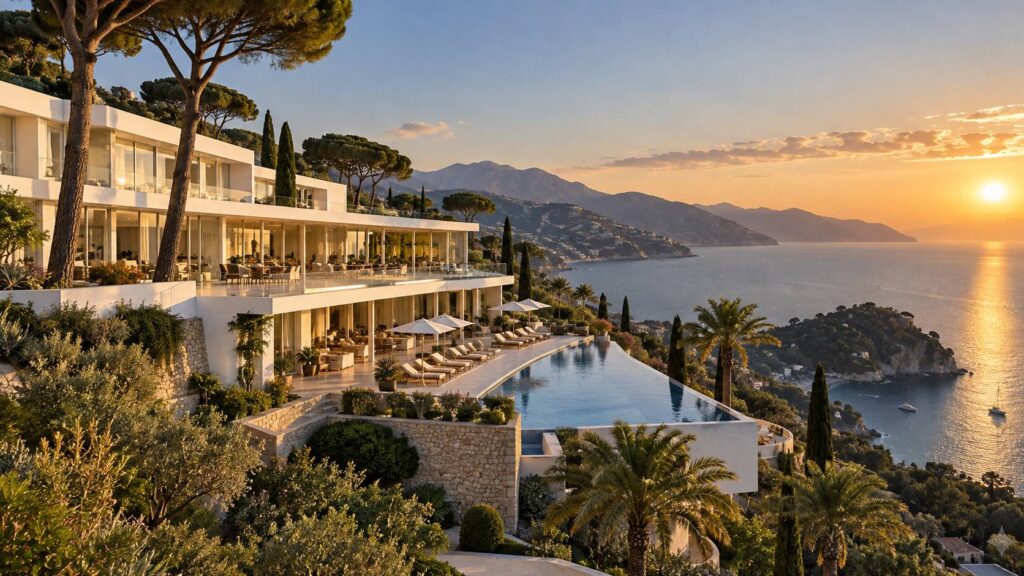 Hôtel blanc des années 60 aux lignes épurées face à un golfe scintillant