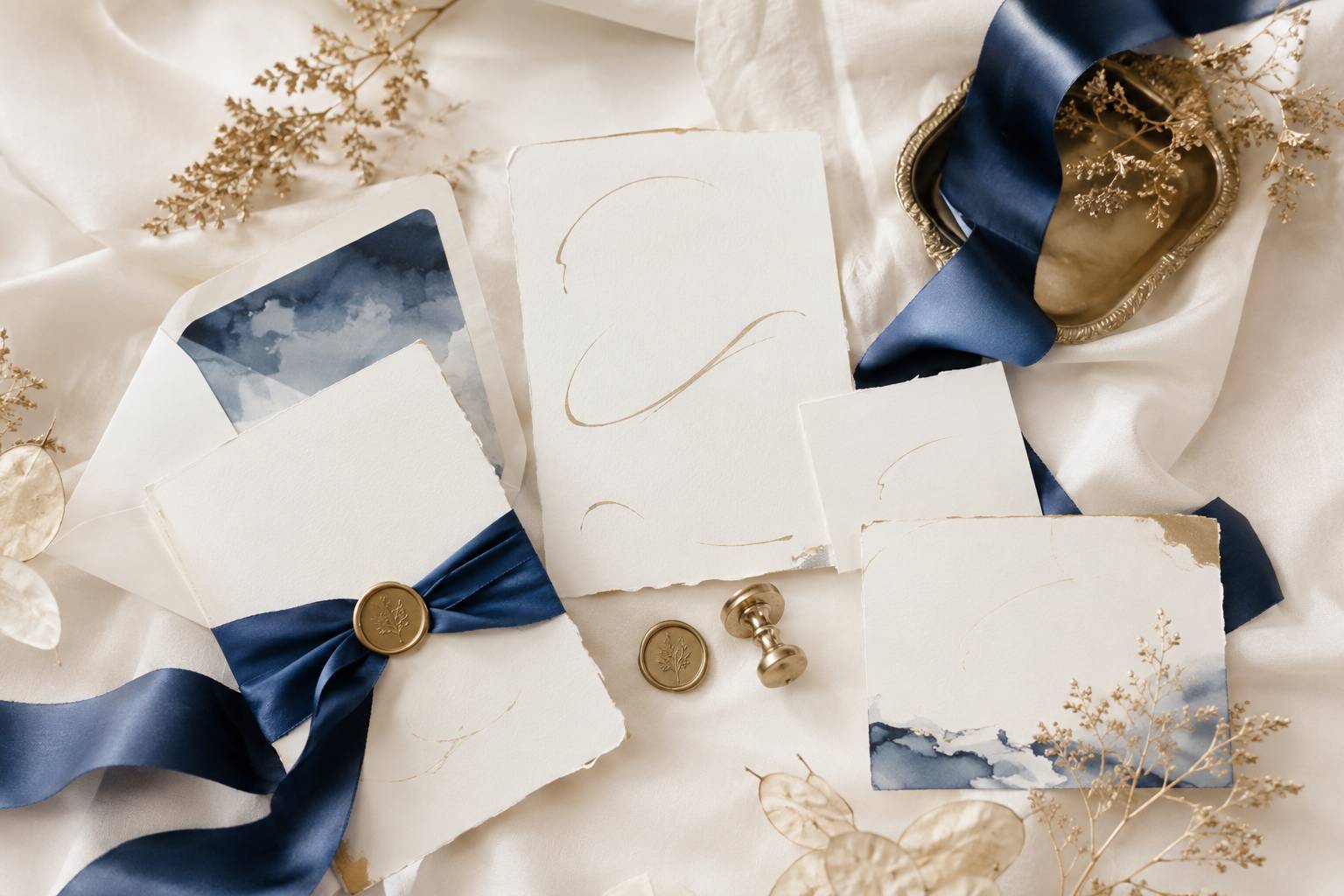 Faire-part et rubans de satin préparés pour un mariage aux tons bleu et laiton