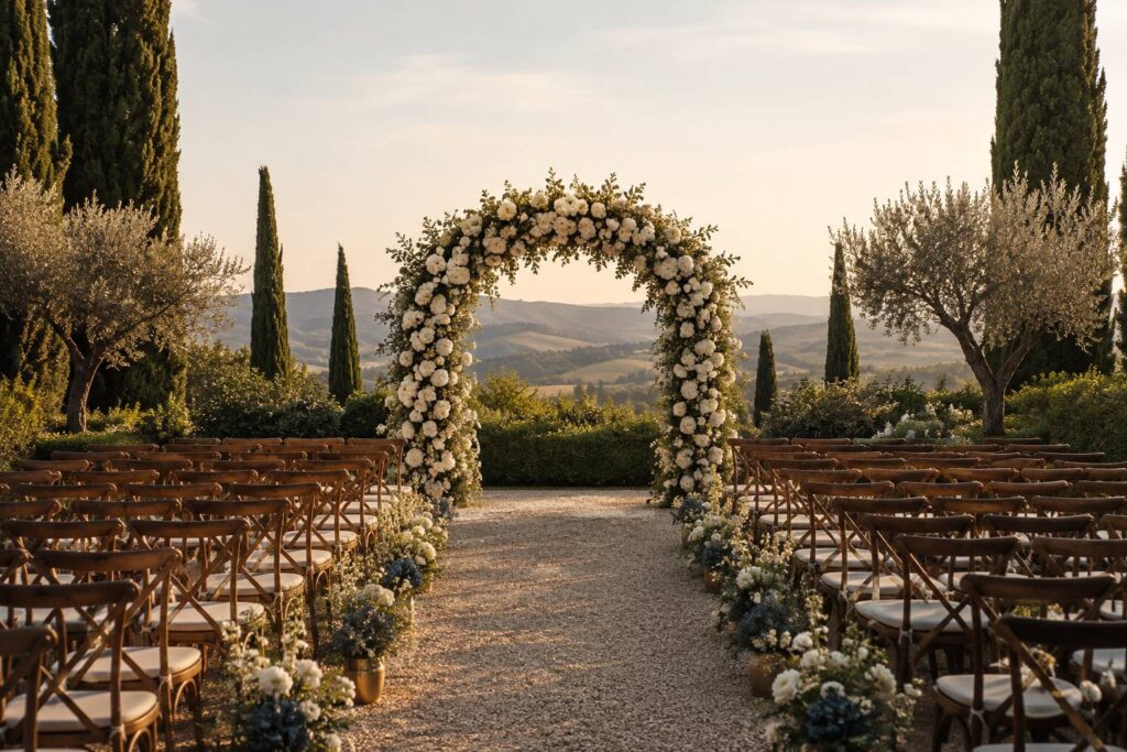 Jardin de villa toscane générique préparé pour une cérémonie de mariage avec arche fleurie et cyprès
