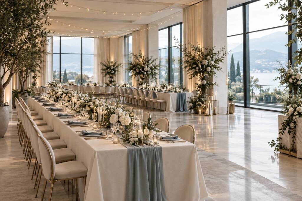 Salle de reception elegante vide avec tables nappees et compositions florales