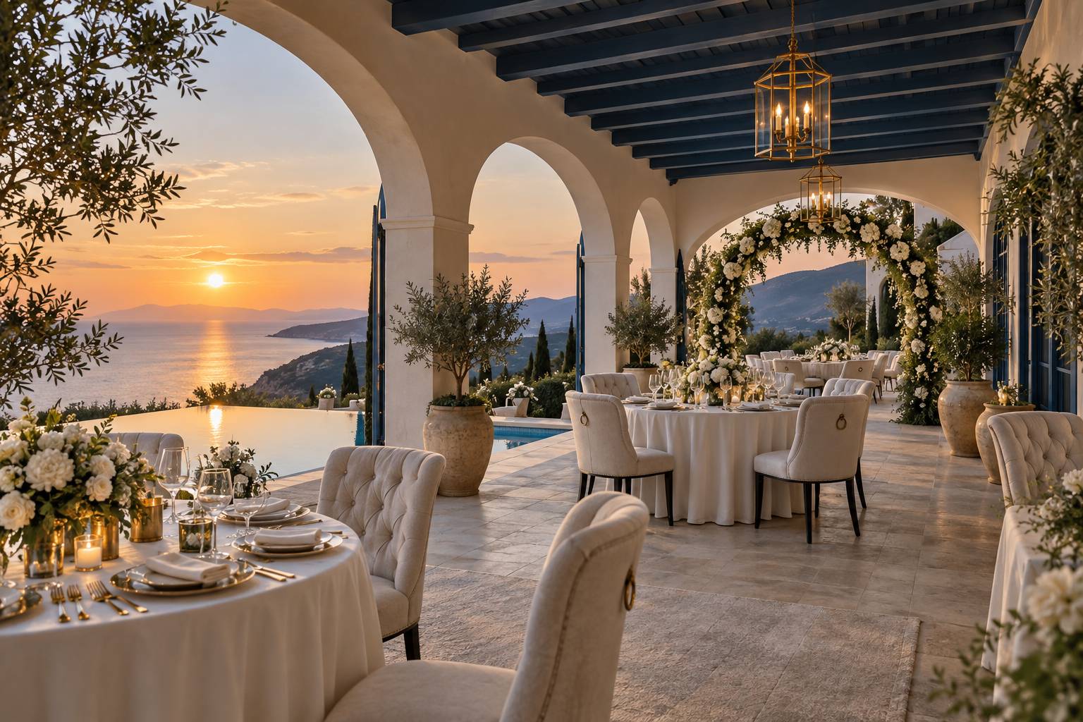 Terrasse couverte de villa preparee pour un evenement avec arche de fleurs
