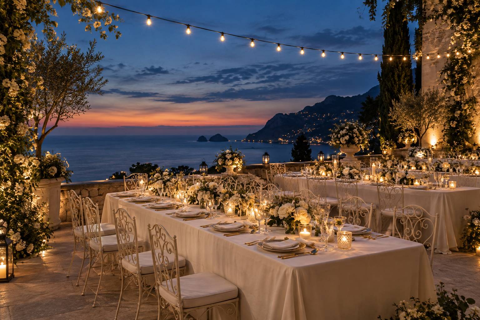 Tables de mariage dressées sur une terrasse panoramique au crépuscule