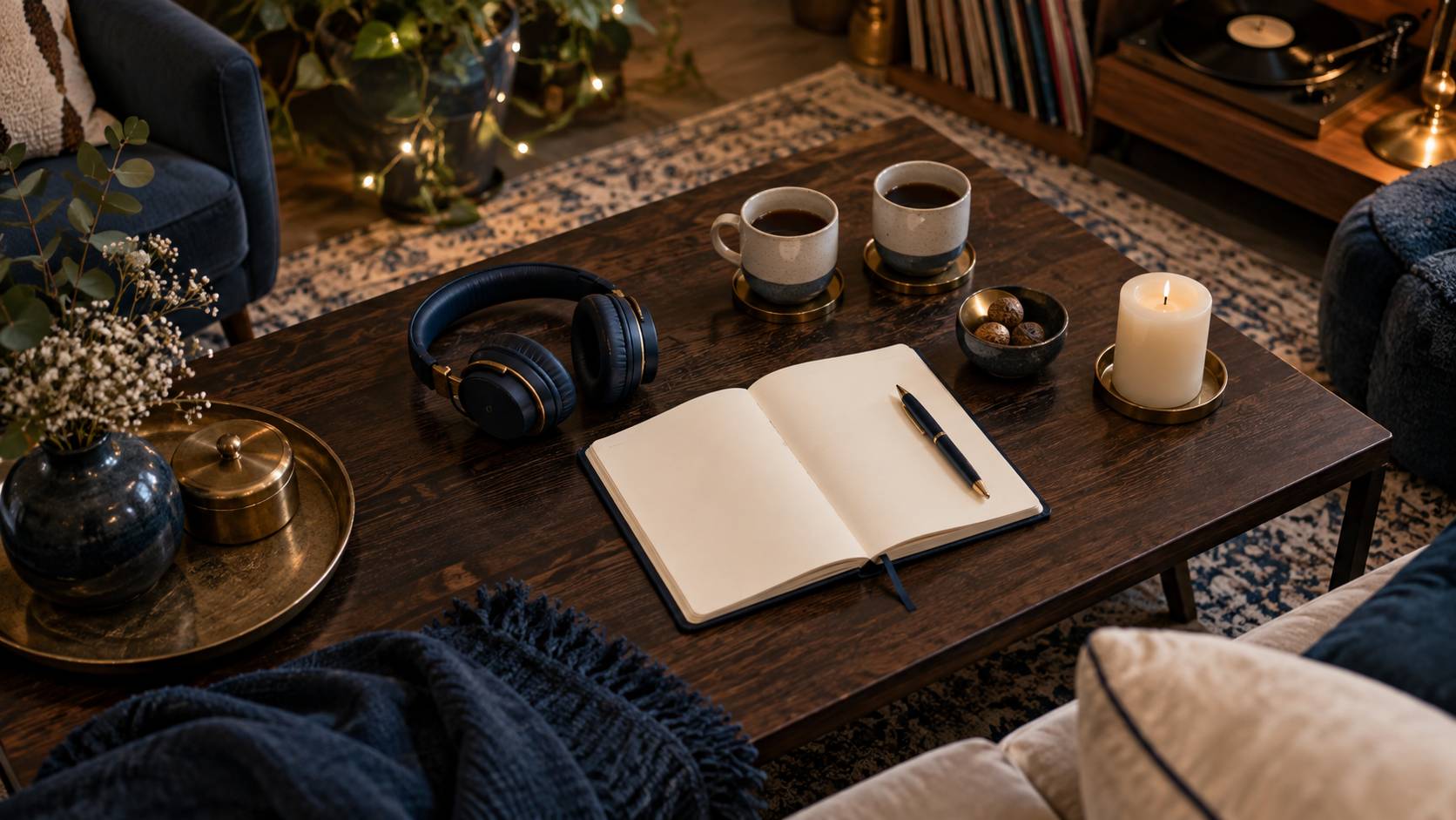 Carnet vierge, casque audio et tasses sur une table basse de salon