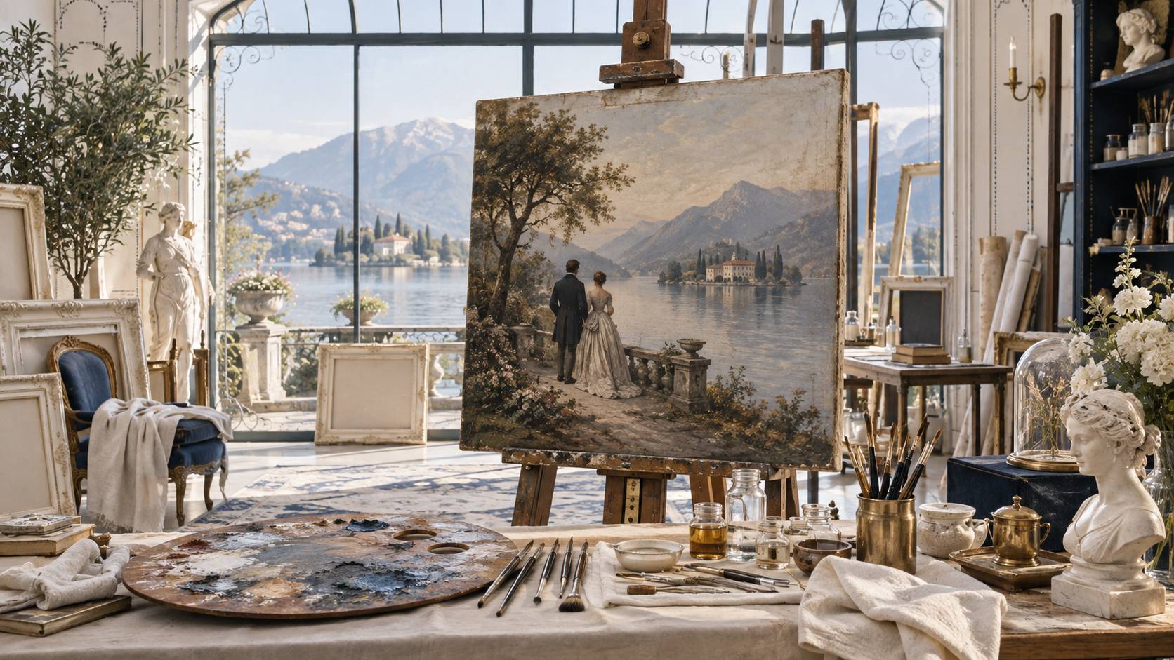 Galerie de peinture ancienne avec tableaux romantiques encadrés