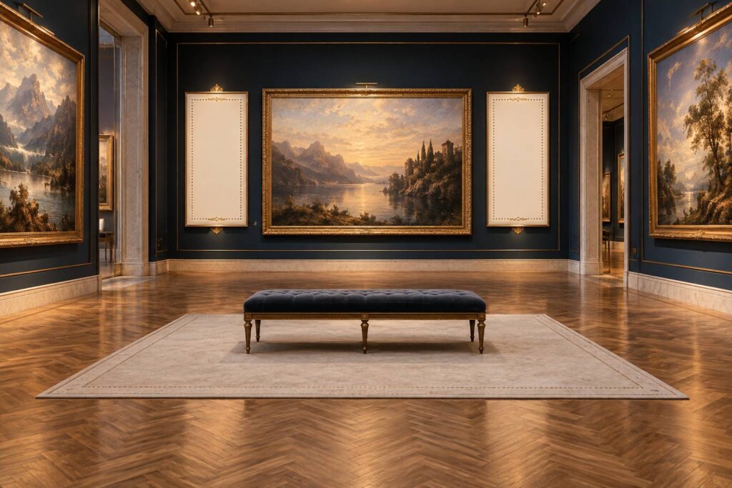 Galerie de peinture ancienne avec tableaux romantiques encadrés