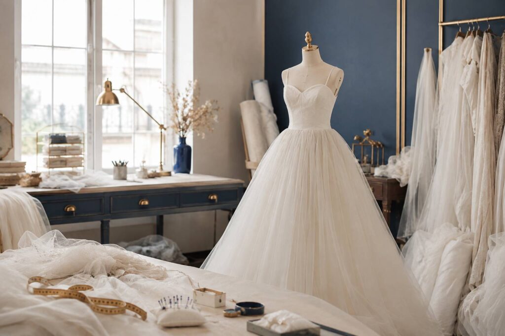 Robe de mariée en tulle ivoire dans un atelier de couture