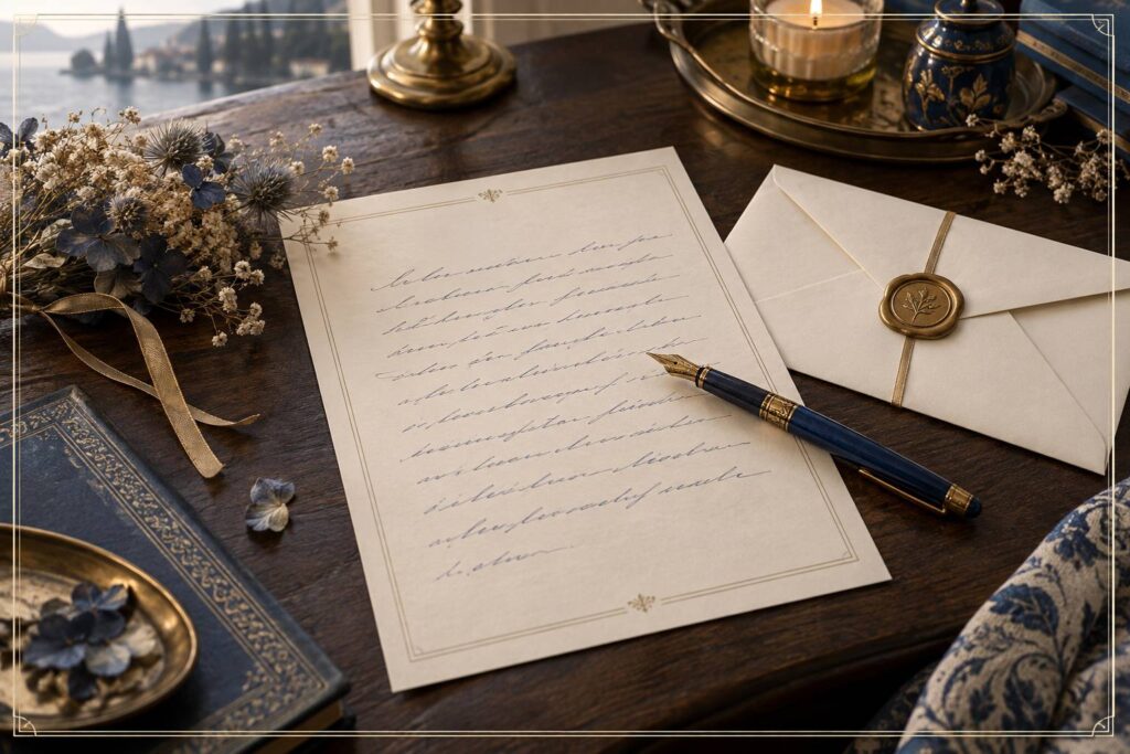 Table d'écriture avec lettre manuscrite, enveloppe et ruban doré