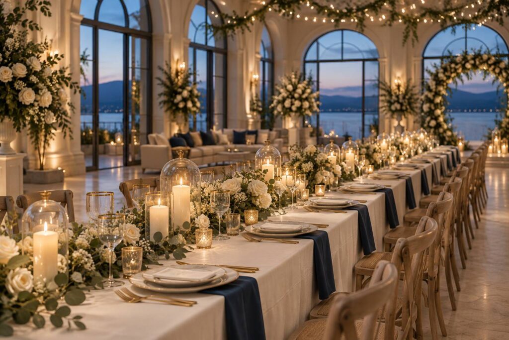 Table de mariage romantique fleurie avec bougies et verrerie dorée