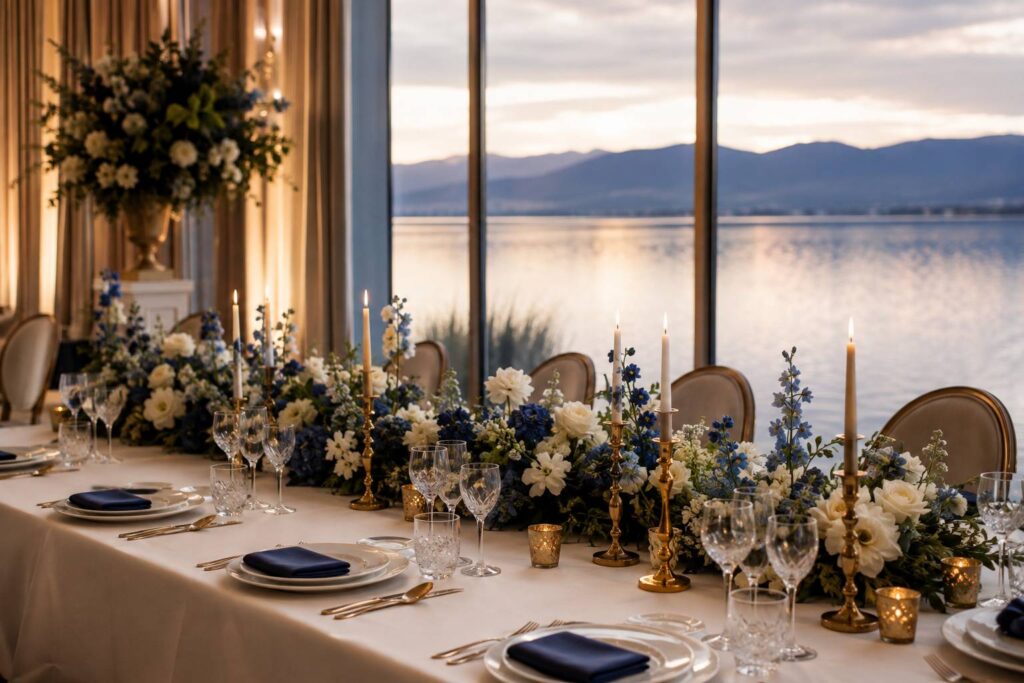 Table de mariage élégante en bord de lac aux tons bleu profond et doré