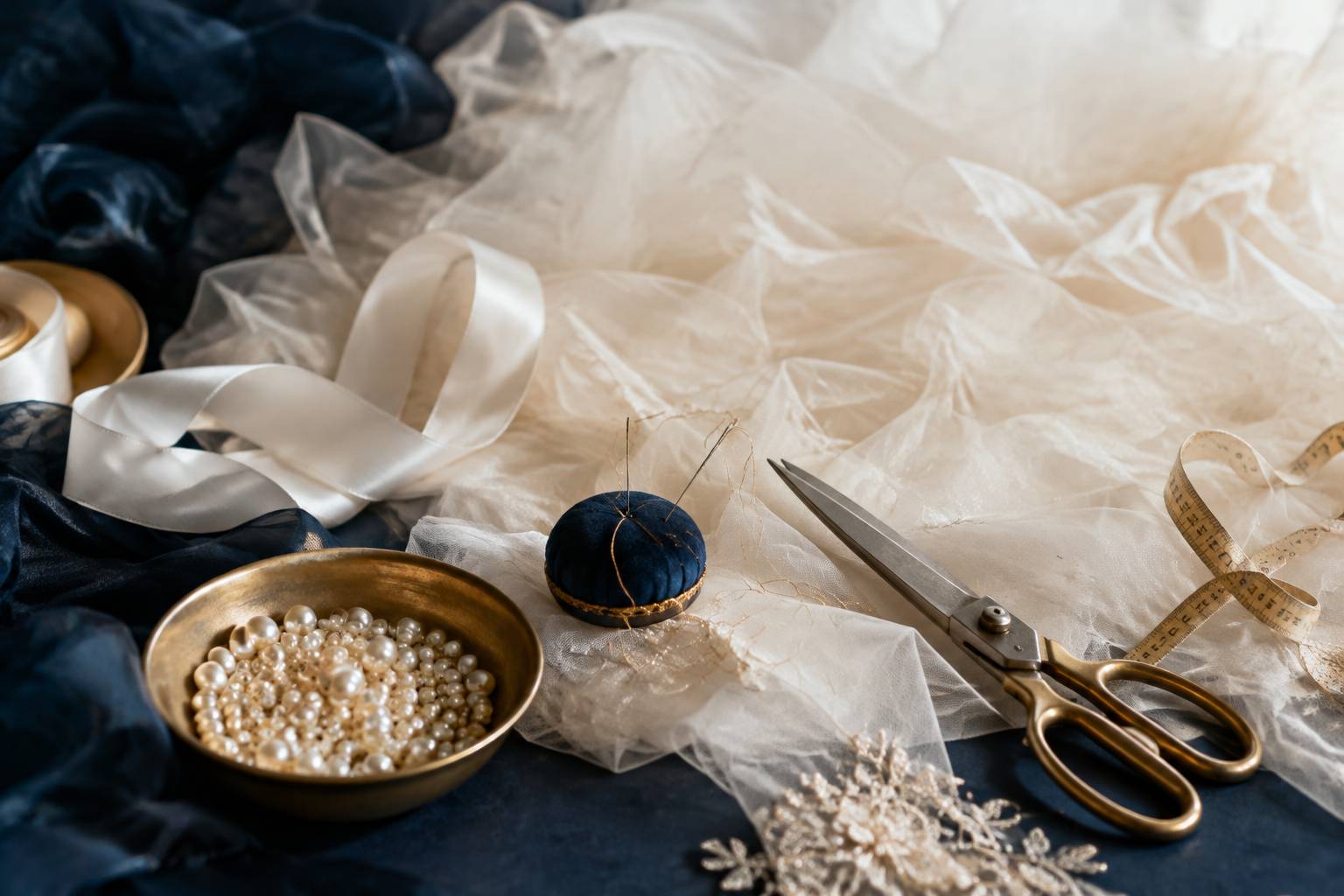 Tulle et organza ivoire avec perles et accessoires de couture