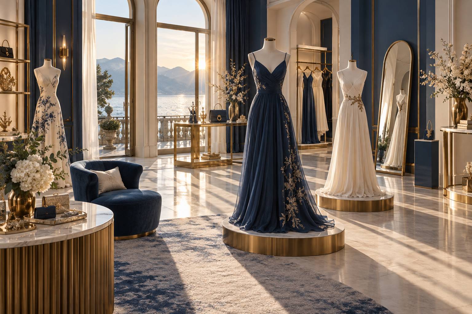 Robes de cérémonie suspendues dans un atelier de couture avec tissus ivoire