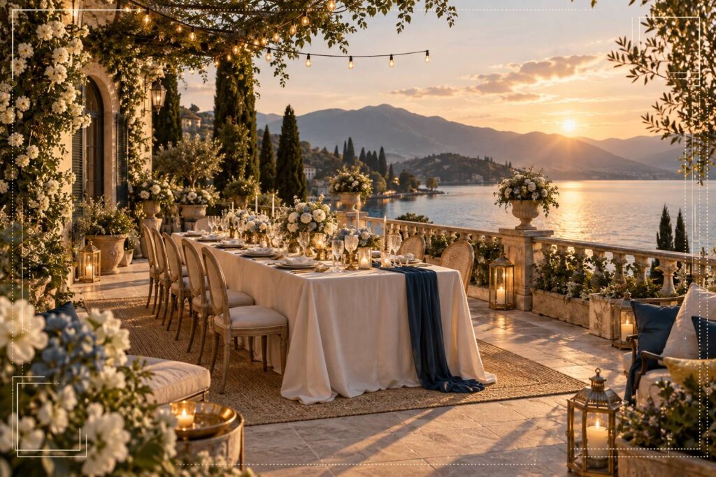 Terrasse de villa au bord d'un lac dressée pour un mariage